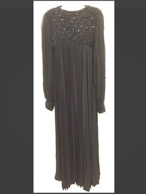 Vintage 1960s 70s Heavy BEADED Pleated Black BETTY CAROL Mam'selle Dress GOWN S